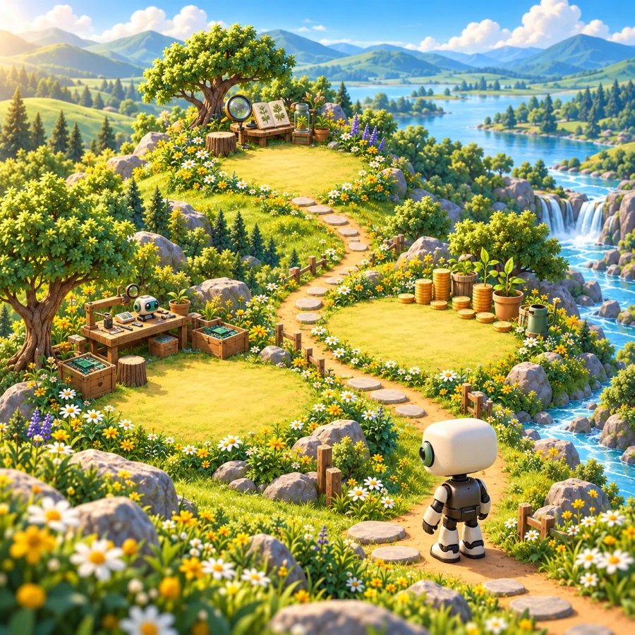 Three clearings on QURI’s winding meadow quest map