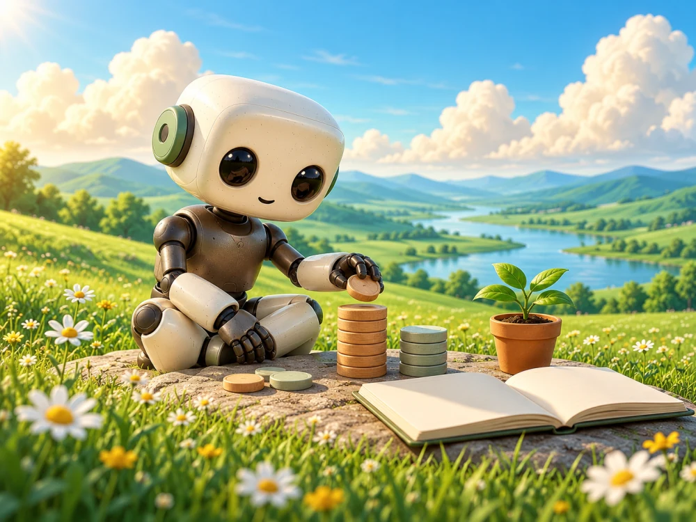 The QURI robot arranging tokens beside a seedling and notebook