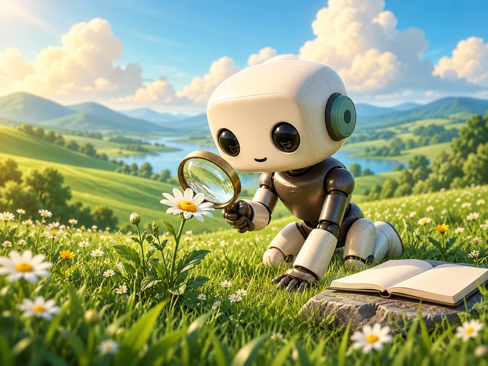 The QURI robot studying a daisy with a magnifying glass