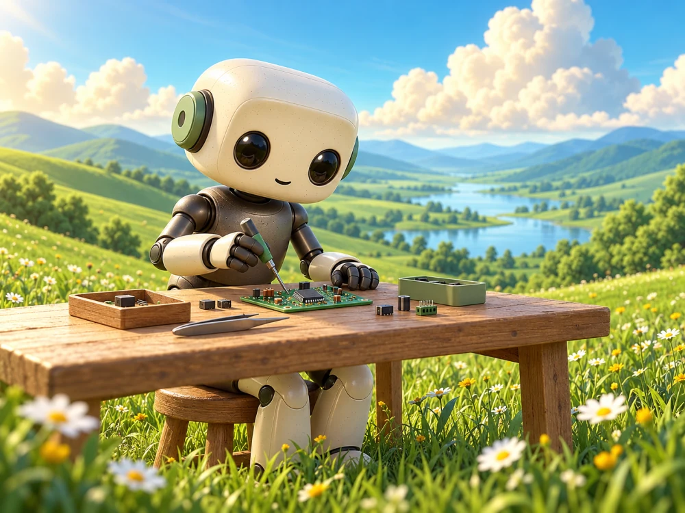 The QURI robot exploring a circuit board at a meadow workbench