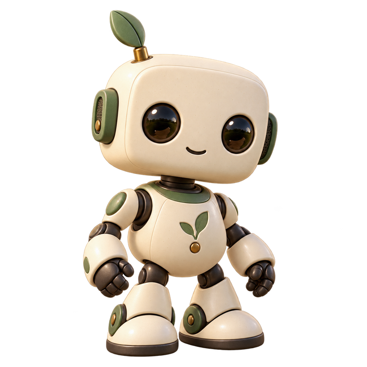 Pip, a small cream robot with a square head, round belly and one green leaf antenna