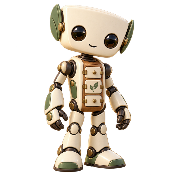 Atlas, a cream robot with broad green ear panels and three little drawers in an oak chest