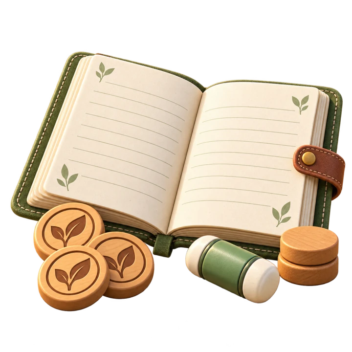 A field journal with wooden leaf tokens and an energy capsule