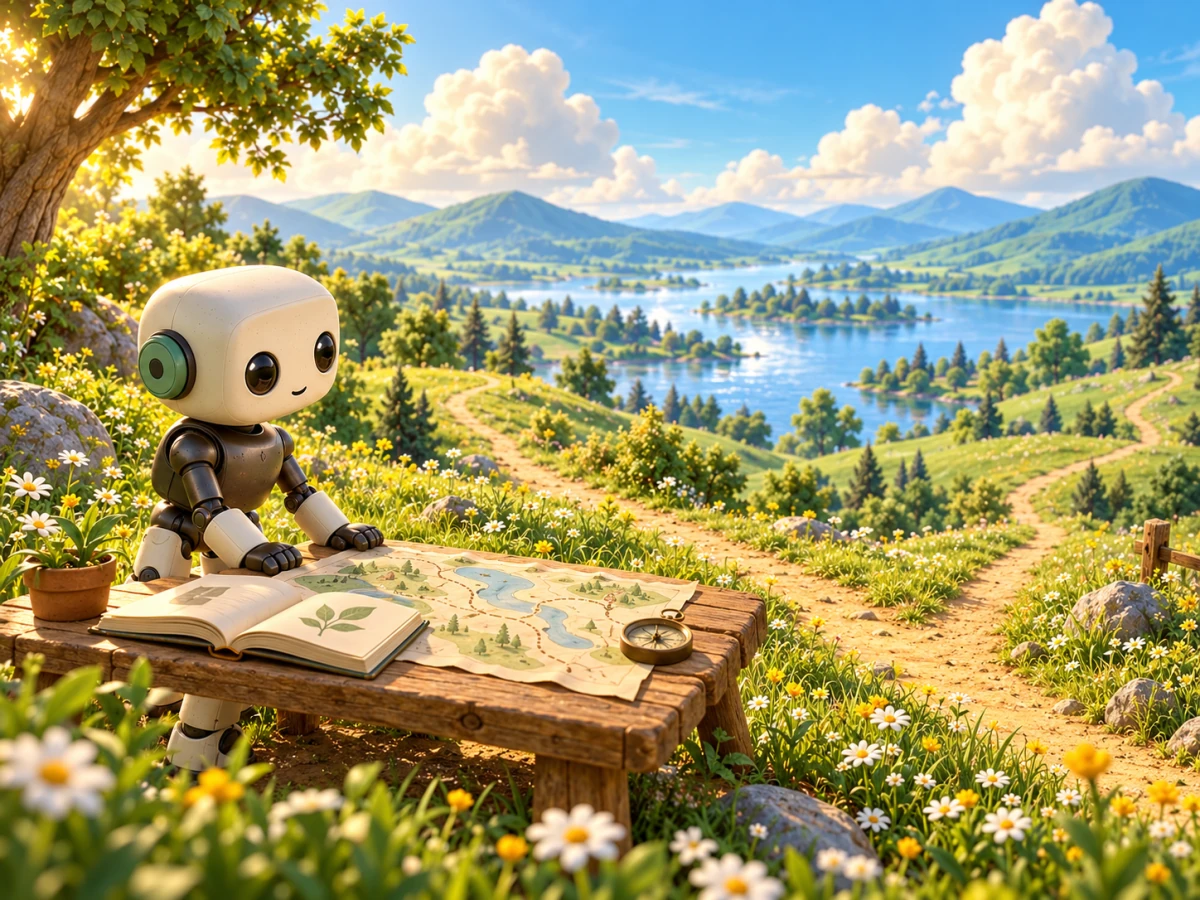 QURI pauses with an expedition journal beside a meadow path that continues toward distant green hills
